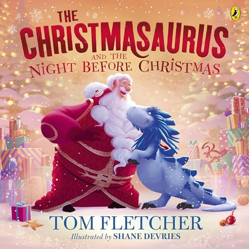 Book cover: Santa Claus with a blue dinosaur, surrounded by gifts.