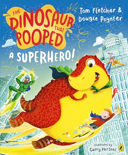 Book cover: a yellow dinosaur with a superhero emerging from it.