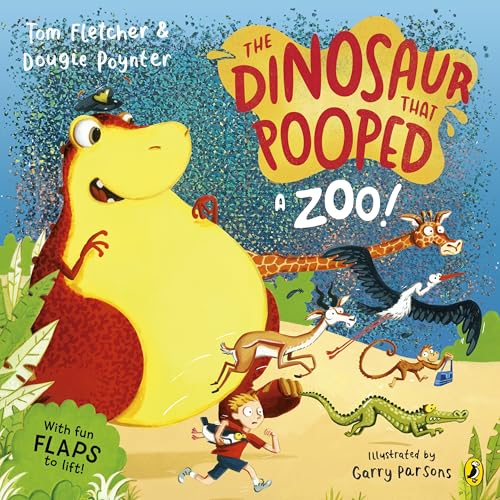 Cartoon dinosaur with animals emerging from its rear, book cover.