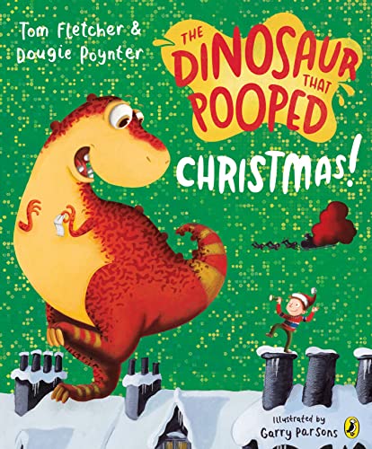 Red dinosaur looming over snowy rooftops with a child and Santa.