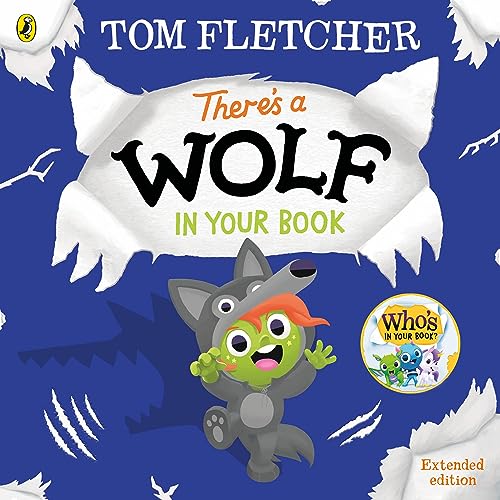 Book cover: a wolf peeks from pages, with a surprised green character.