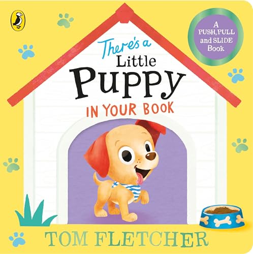 A cartoon puppy stands in a doghouse on a yellow book cover.