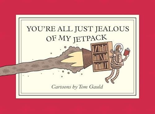 Robot with jetpack reading a book flies from a bookshelf.