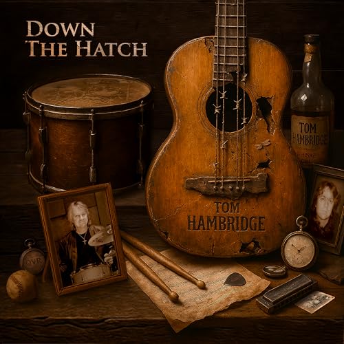 CD cover with acoustic guitar, drum, bottle, and vintage photos.