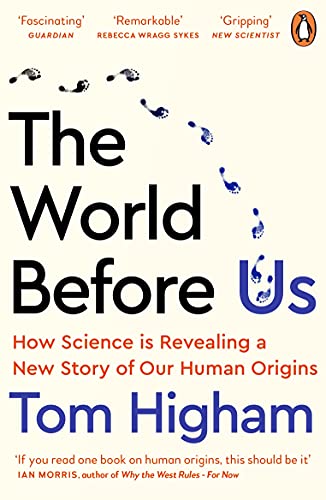 Book cover: "The World Before Us" by Tom Higham, with footprints.