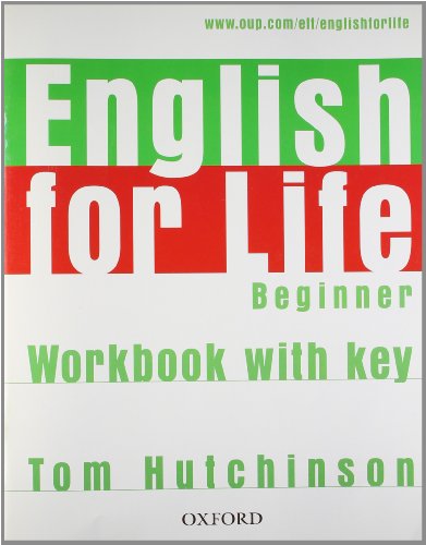 Green and red “English for Life Beginner” workbook cover with author’s name.