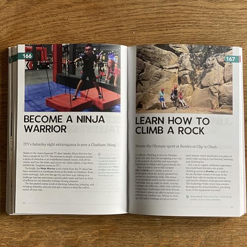 Open book showing pages about Ninja Warrior obstacle courses and rock climbing activities.