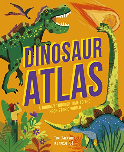 Book cover: "Dinosaur Atlas" with illustrated dinosaurs and prehistoric landscape.