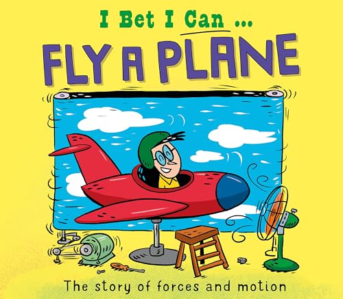 Cartoon illustration of a child piloting a red airplane with makeshift parts.