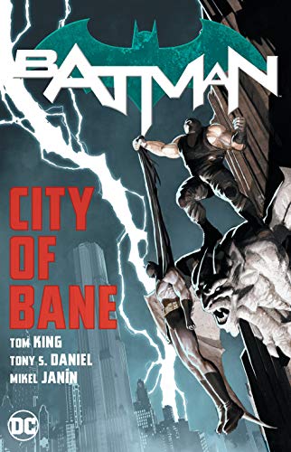 Batman and Bane fighting amidst a stormy city skyline, comic book cover.