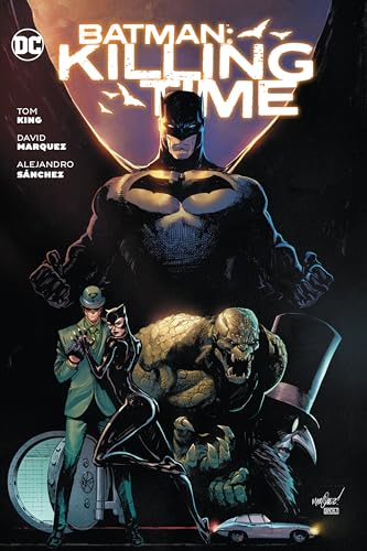 Batman, Catwoman, and villains facing forward on a comic book cover.