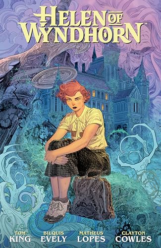 A woman with red hair sits before a gothic mansion in this comic book cover.