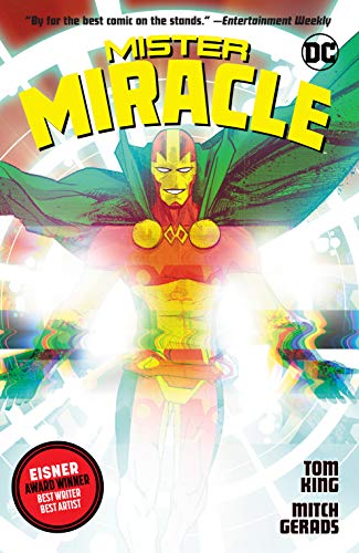 Mister Miracle in red and yellow costume with a green cape on comic cover.