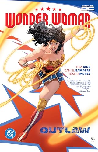 Wonder Woman in action pose, comic book cover, red and gold design.