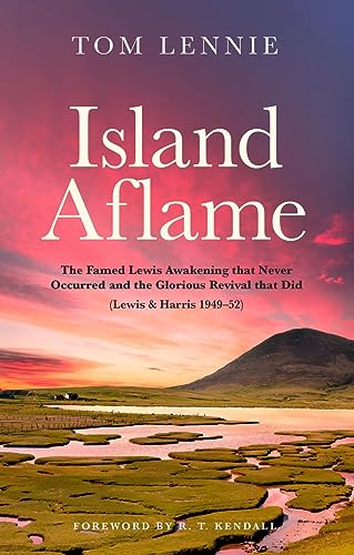 Book cover: "Island Aflame" with landscape of Scottish islands at sunset.