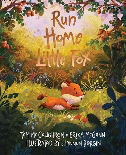 A small fox runs through a lush, colorful forest in this illustrated book cover.
