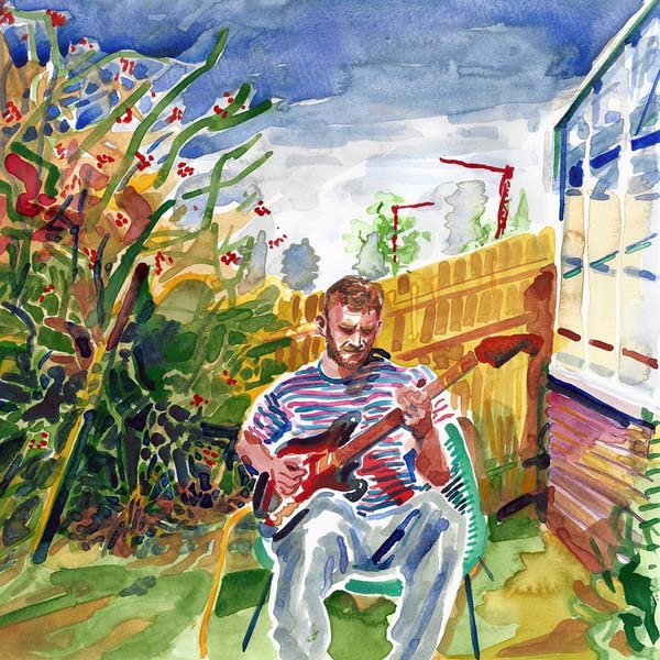 Watercolor painting of a man playing red electric guitar in a garden.