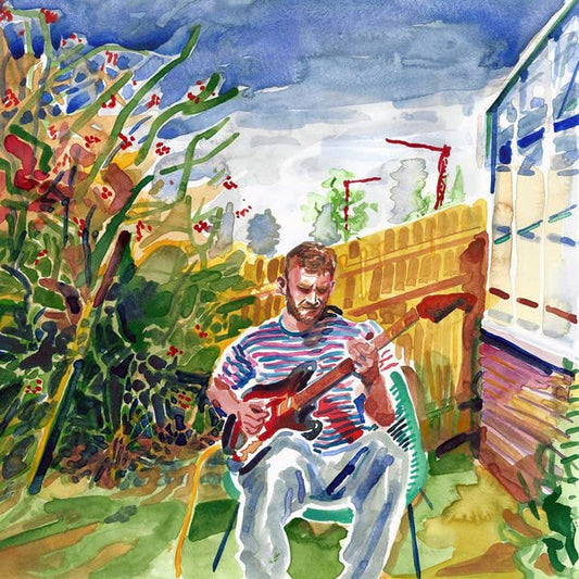 Watercolor painting of a man playing red electric guitar in a garden.
