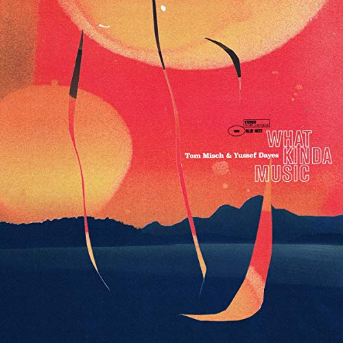 Album cover for Tom Misch & Yussef Dayes’ “What Kinda Music” with suns and mountains.