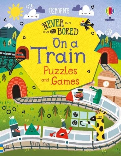 Book cover titled Never Get Bored on a Train with cartoon animals on a train.