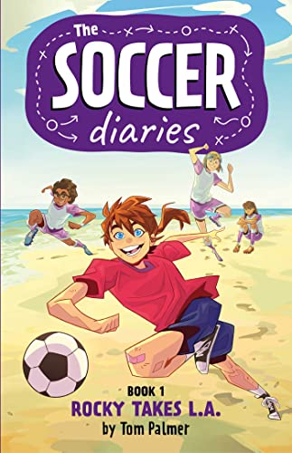 Book cover illustration featuring children playing soccer on a beach with a large title.