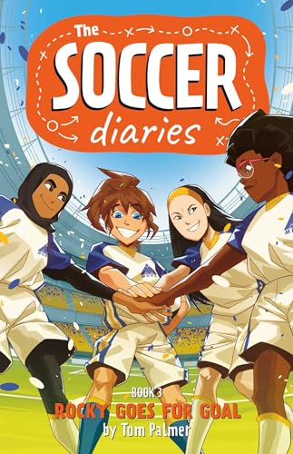 Four soccer players in white and blue uniforms join hands in a stadium.