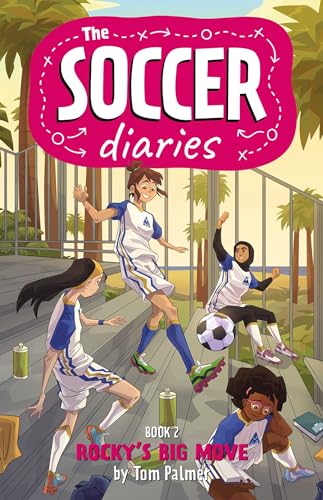 Four young soccer players in white and blue uniforms on outdoor stadium steps.