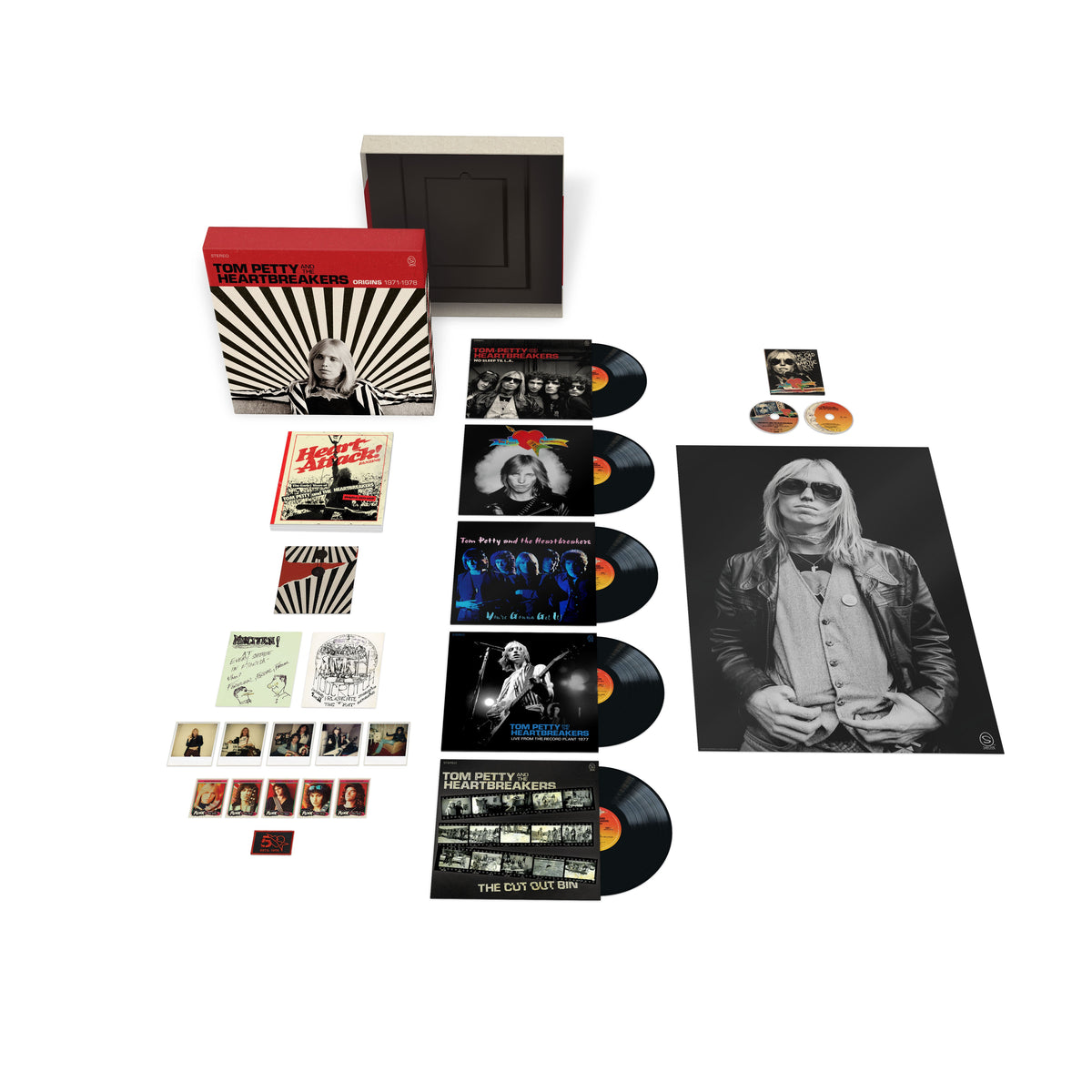 Tom Petty vinyl box set with records, photos, and memorabilia.