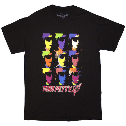 Black unisex t-shirt featuring a graphic print of nine Tom Petty portraits.