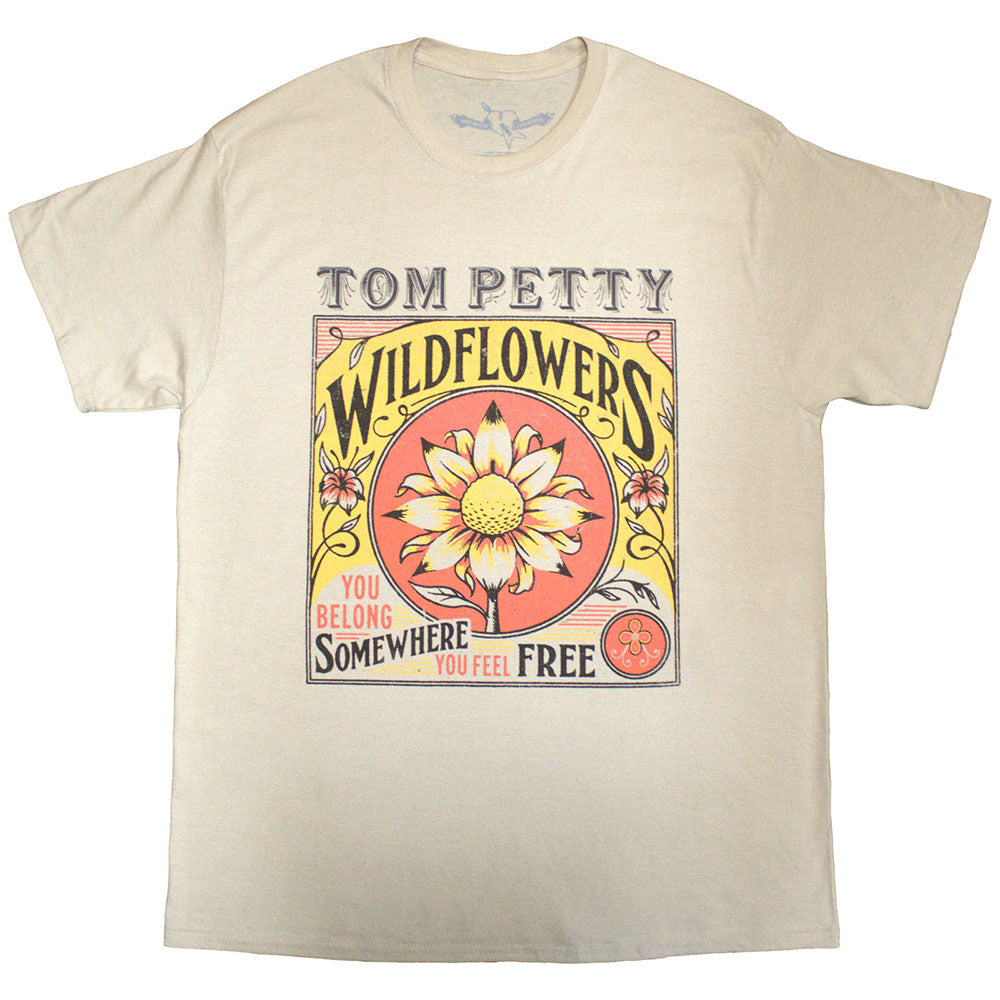 Sand-colored unisex t-shirt featuring Tom Petty Wildflowers album artwork on the front.