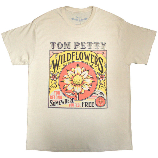 Sand-colored unisex t-shirt featuring Tom Petty Wildflowers album artwork on the front.