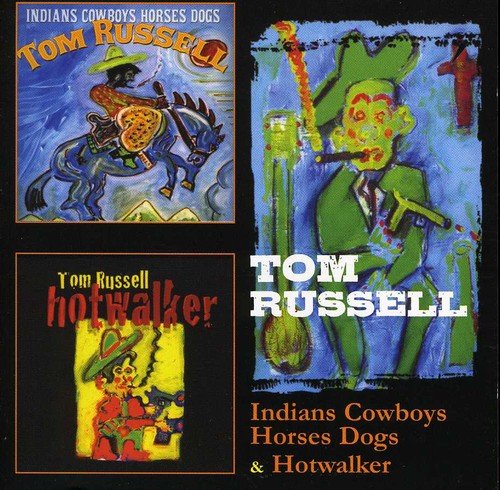 "Tom Russell album covers: three colorful, cartoonish illustrations on a black background."