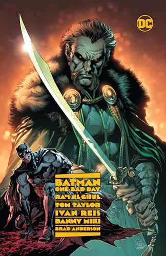 Comic book cover featuring Ra's Al Ghul with a sword, and a distressed Batman.