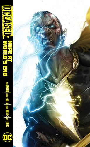 Zombie-like Superman with electrical energy, comic book cover for "DCEASED.