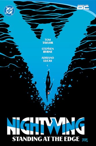 Nightwing falling against a blue and black abstract background.