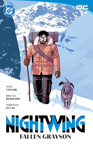 Comic book cover with man and dog in snowy landscape, wearing winter gear.