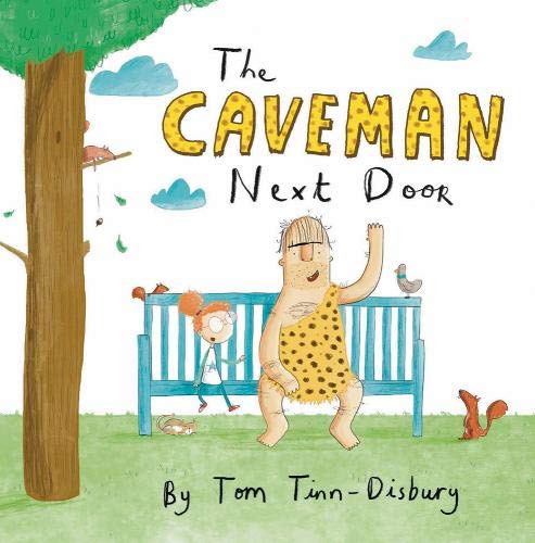 A girl and a caveman sit on a park bench in this book cover.