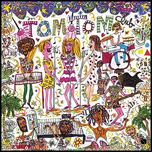 Colorful, illustrated album cover featuring musicians and tropical imagery.