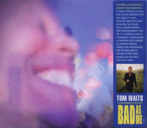 "Tom Waits' album 'Bad As Me' cover featuring a man in a field."