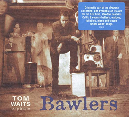 Sepia-toned CD cover of "Tom Waits - Bawlers" with Tom Waits and vintage decor.