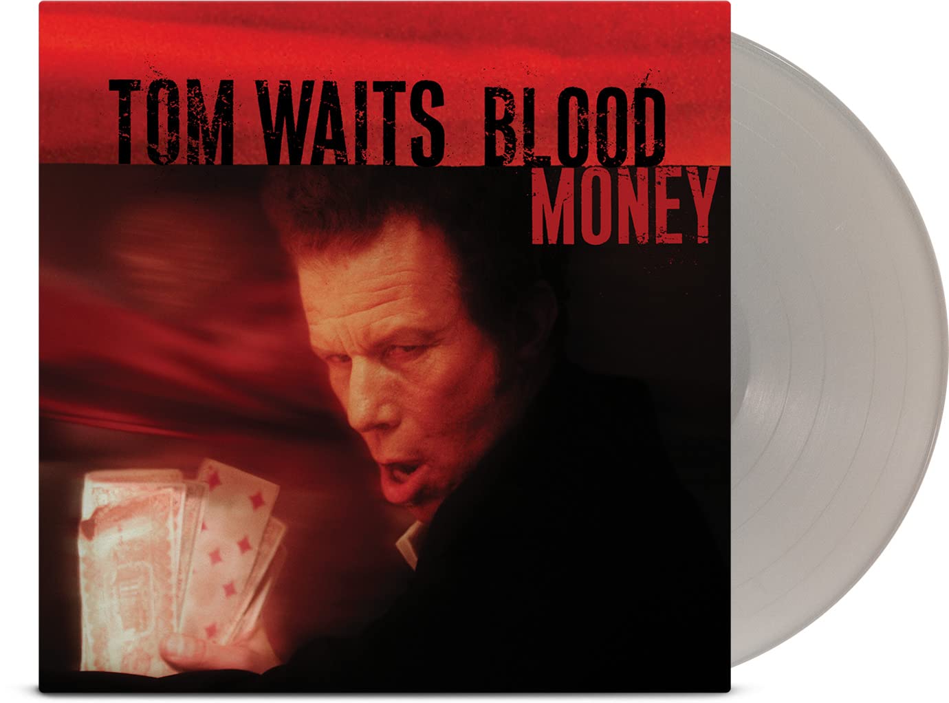 Tom Waits Blood Money album cover with a silver vinyl record behind it.