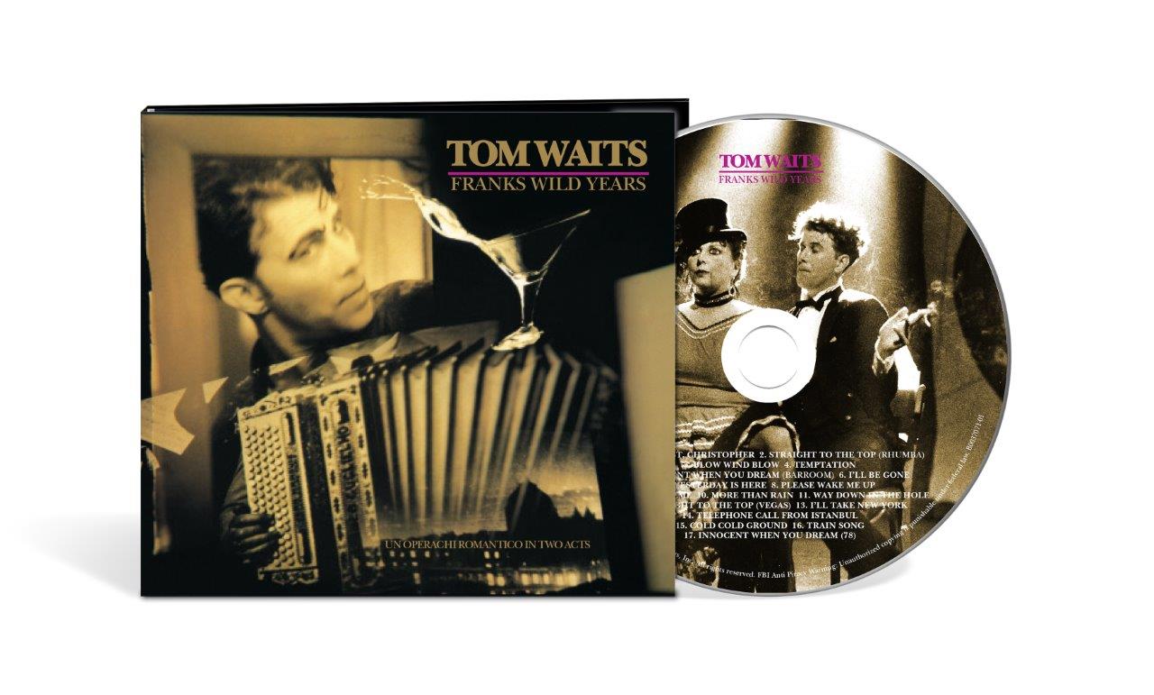 Tom Waits "Franks Wild Years" CD case and disc with vintage imagery.
