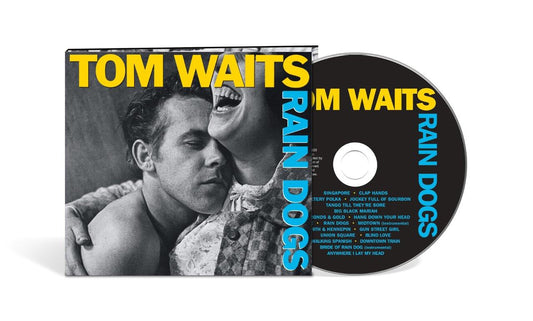 Tom Waits' “Rain Dogs” CD cover featuring a black and white portrait.