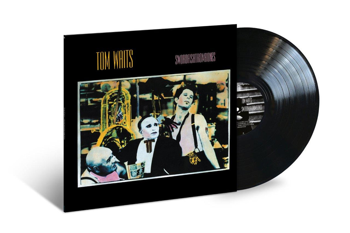 "Tom Waits' 'Swordfishtrombones' vinyl record with black cover and partially visible record."