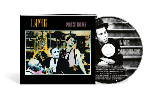 Tom Waits’ “Swordfishtrombones” CD case and disc, with vintage portrait.