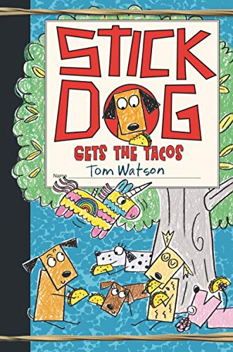 Book cover with stick-figure dogs, tacos, and a colorful piñata.