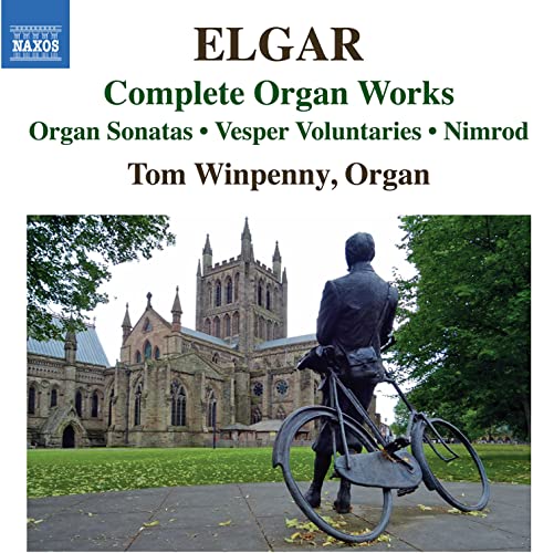 CD cover for Elgar's Complete Organ Works featuring a statue of a cyclist.