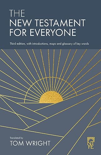 Book cover: "The New Testament For Everyone," gold sunburst design.
