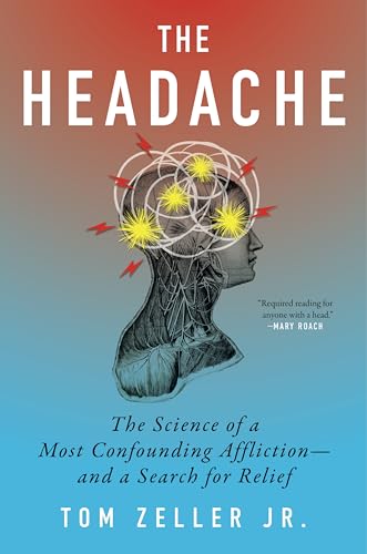 Book cover: head silhouette with radiating bursts and text, “The Headache.”