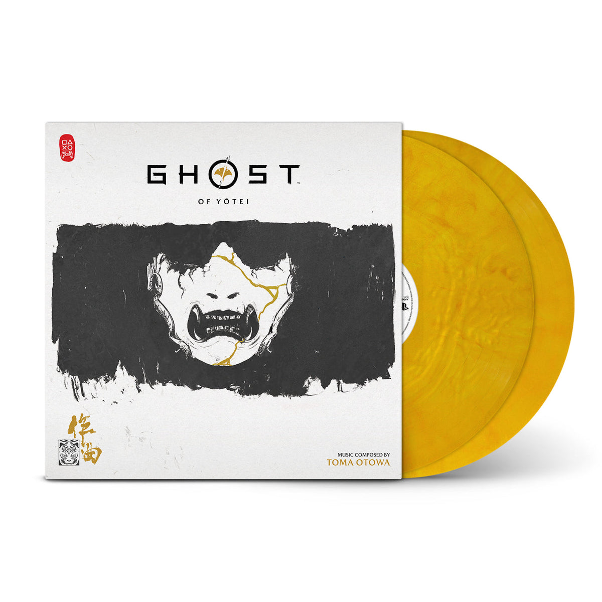 Ghost of Yotei soundtrack vinyl cover with two gold marbled records.